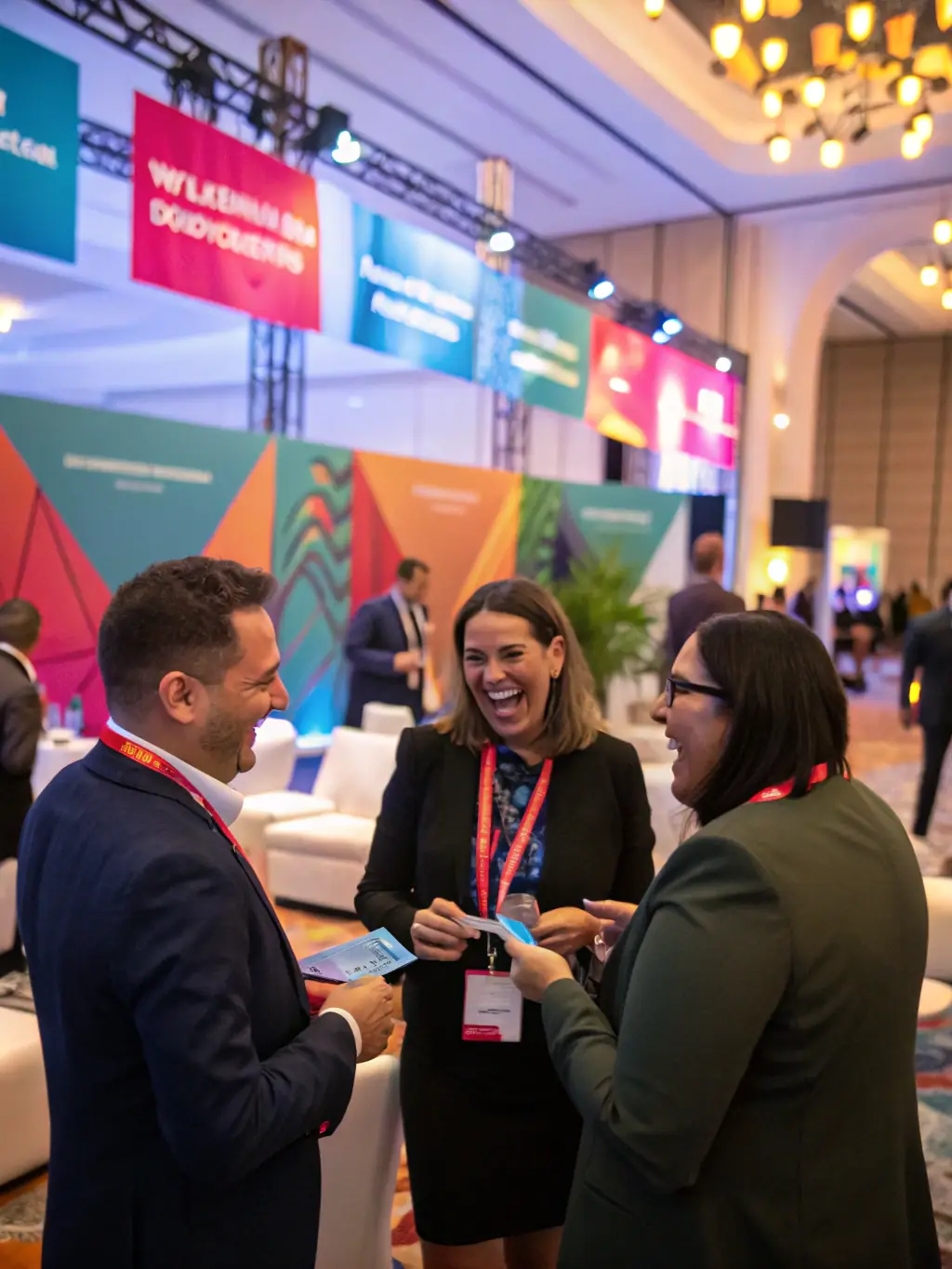 A photograph of a networking event at a FinTech conference in Montreal, Canada. Attendees are mingling and exchanging business cards.