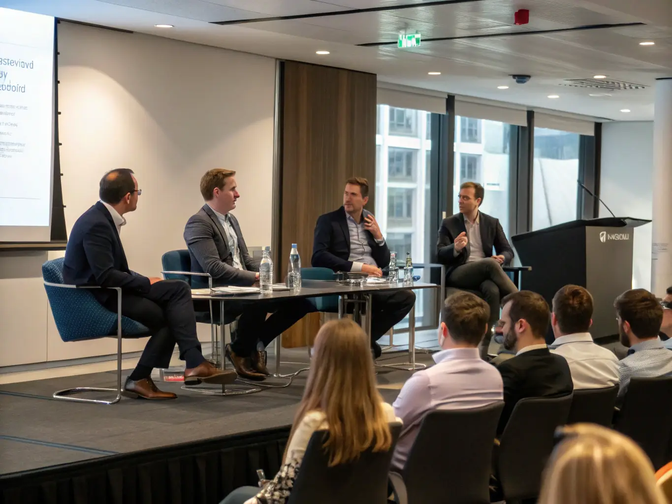 A photograph of a panel discussion at a FinTech conference, featuring diverse experts engaging in a lively debate. The setting is professional, with modern conference room decor and visible audience members.