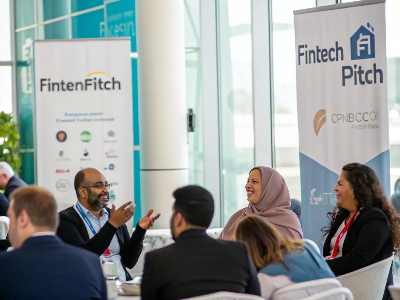 A visual representation of a FinTech innovation showcase, featuring startups presenting their solutions to potential investors and industry professionals, emphasizing the innovative spirit of the conference.
