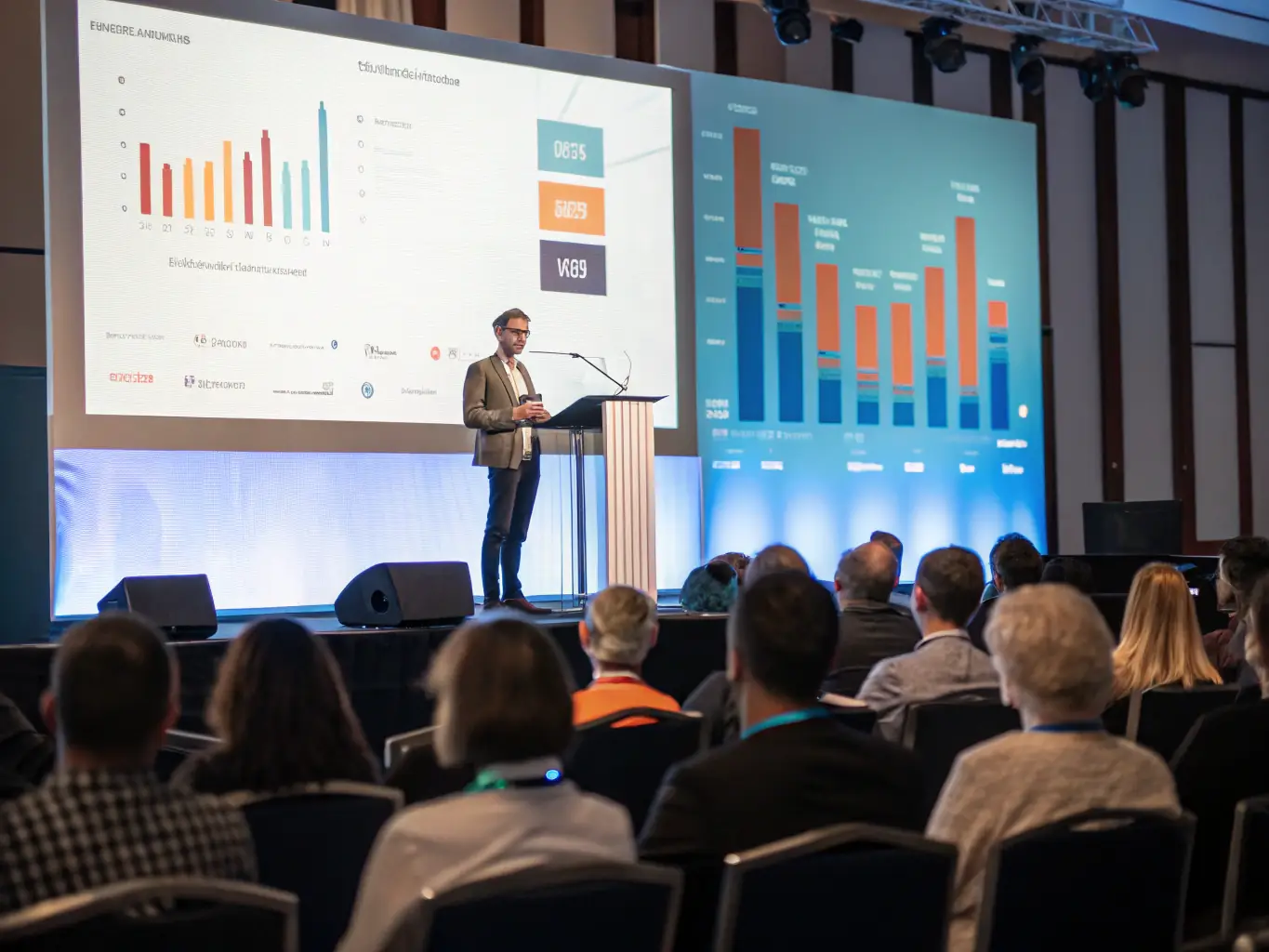A photograph of a conference speaker presenting on stage, with a focus on their engaging delivery and the audience's attentive listening. The background shows the conference branding and a large screen displaying presentation slides.