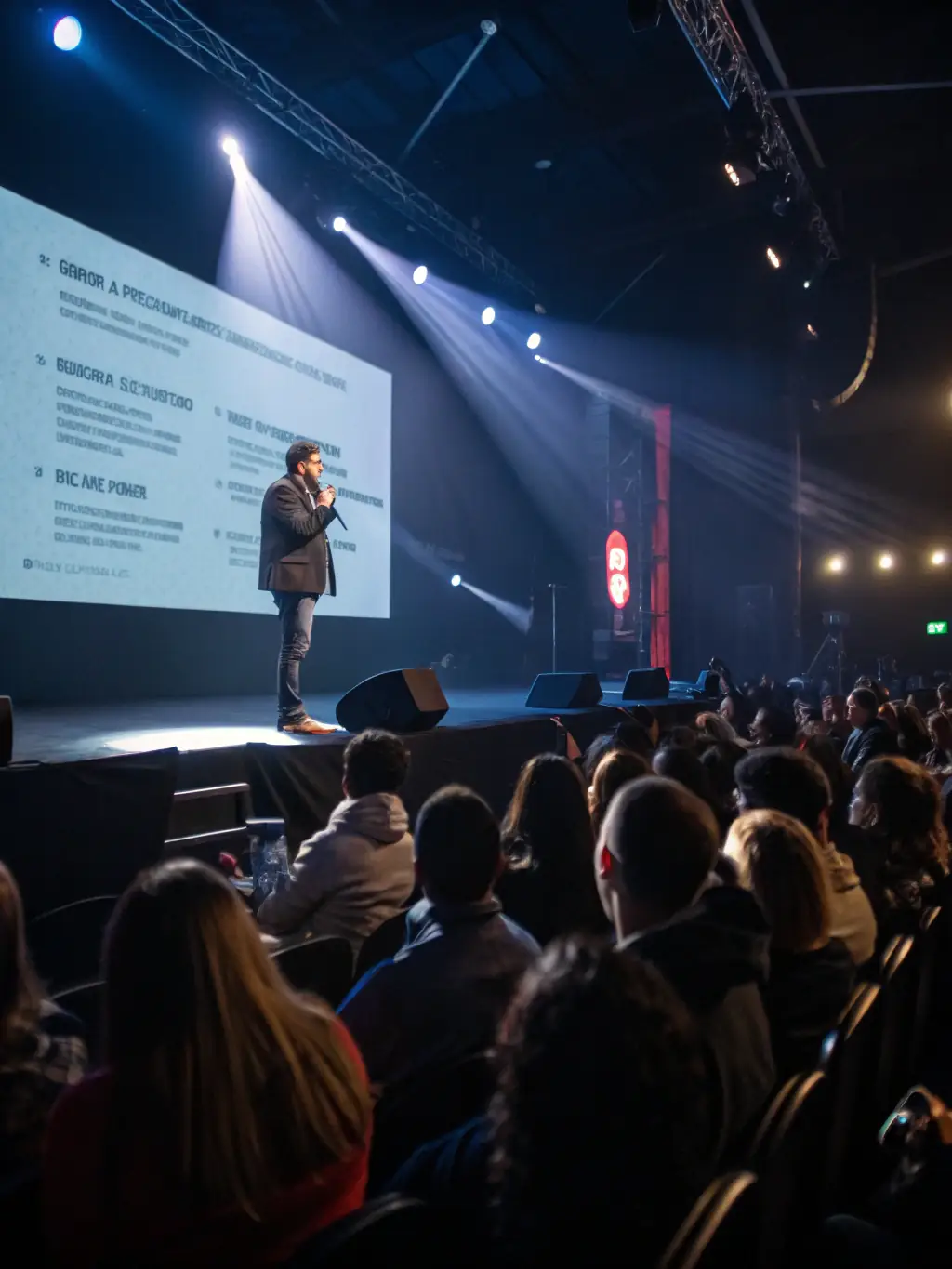 A photograph of a keynote speaker presenting on stage at a FinTech conference in Toronto, Canada. The speaker is gesturing towards a slide displaying financial data.