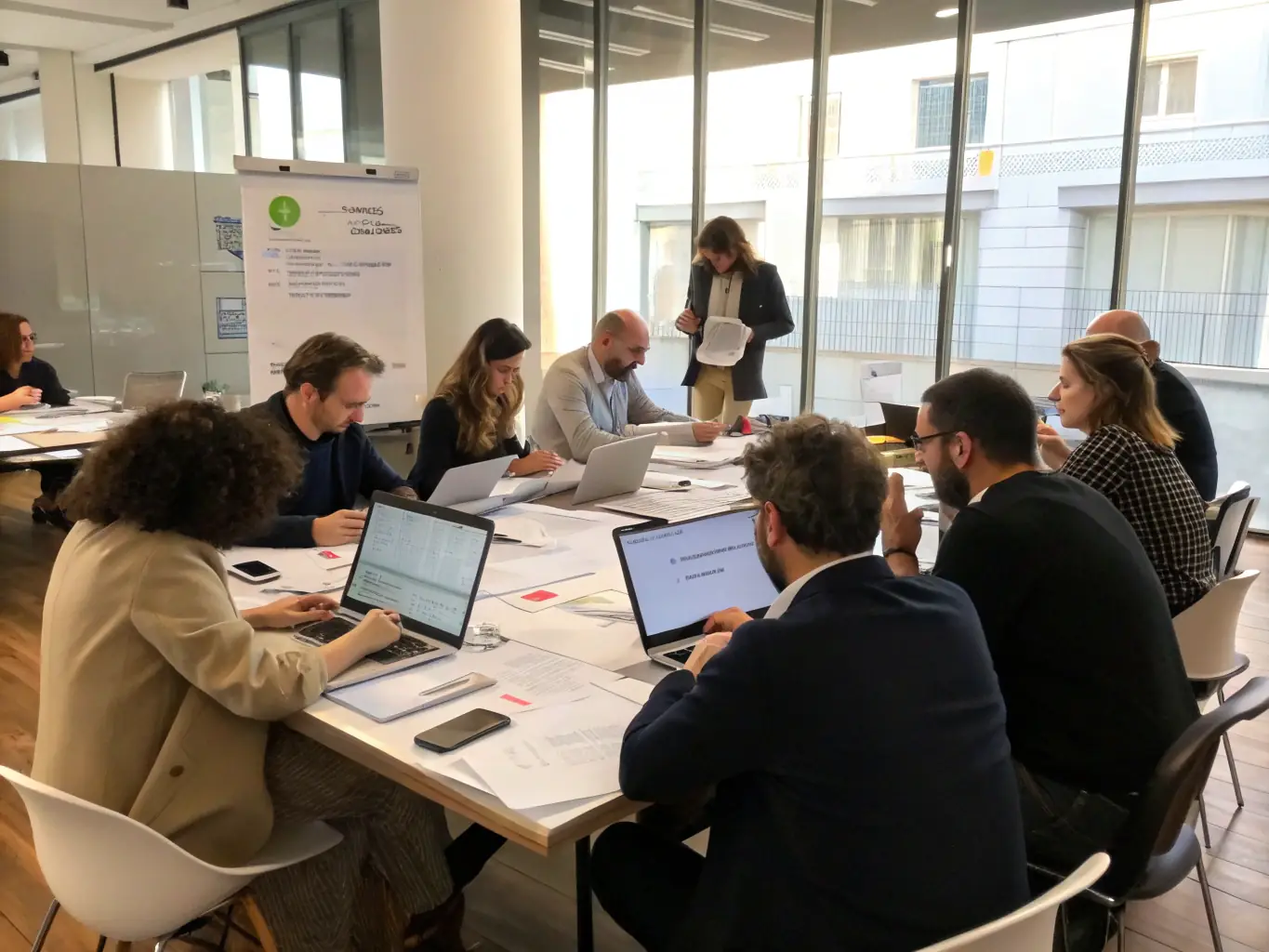 A photograph of a hands-on workshop session at a FinTech conference, showing participants actively engaged in a collaborative activity. The atmosphere is interactive and focused on practical learning.