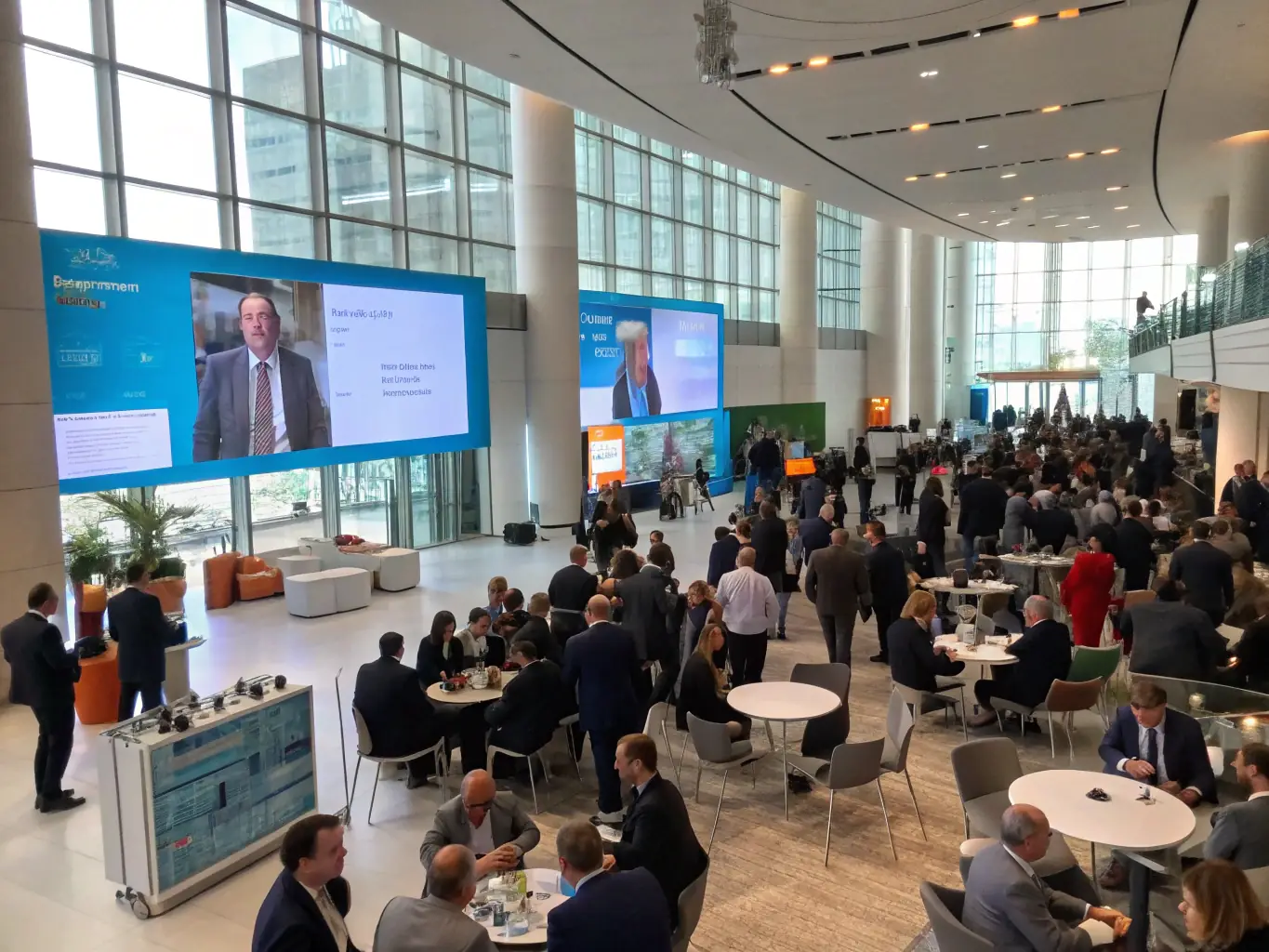 A photograph of a modern conference hall during a FinTech event, showcasing a panel discussion with diverse speakers and an engaged audience, reflecting the dynamic atmosphere of the conference.